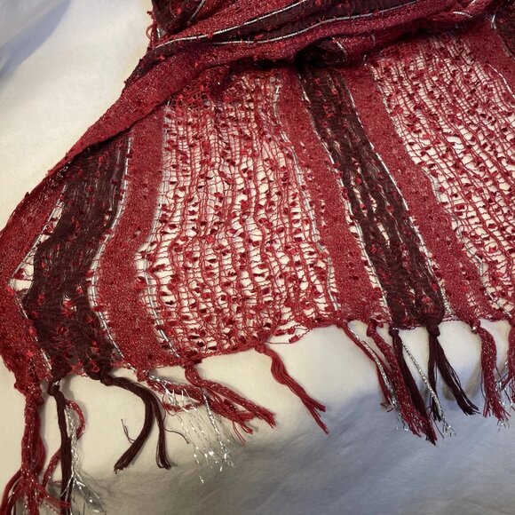 Statement Scarf Burgundy Mesh Knit with Shimmering Silver and Fringe 75" x 20" - Picture 7 of 8